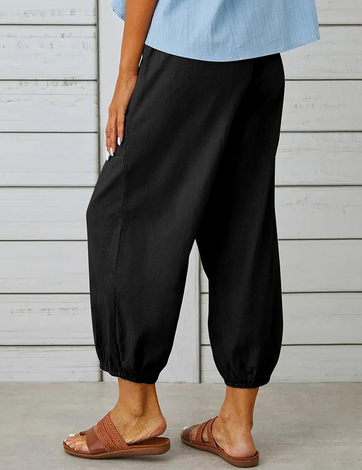 Wanzetaly Summer Cotton Linen Capri Pants for Women Loose Cropped Stretch Tapered Lantern Harem Pants Capris