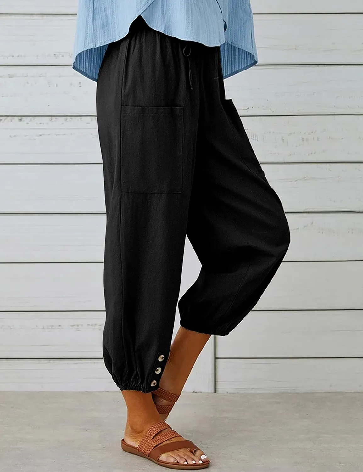 Wanzetaly Summer Cotton Linen Capri Pants for Women Loose Cropped Stretch Tapered Lantern Harem Pants Capris