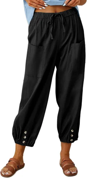 Wanzetaly Summer Cotton Linen Capri Pants for Women Loose Cropped Stretch Tapered Lantern Harem Pants Capris