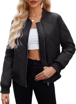 WEACZZY Womens Fall Lightweight Quilted Jackets Long Sleeve Zip Up Bomber Jacket Warm Winter Coat Outerwear with Pockets