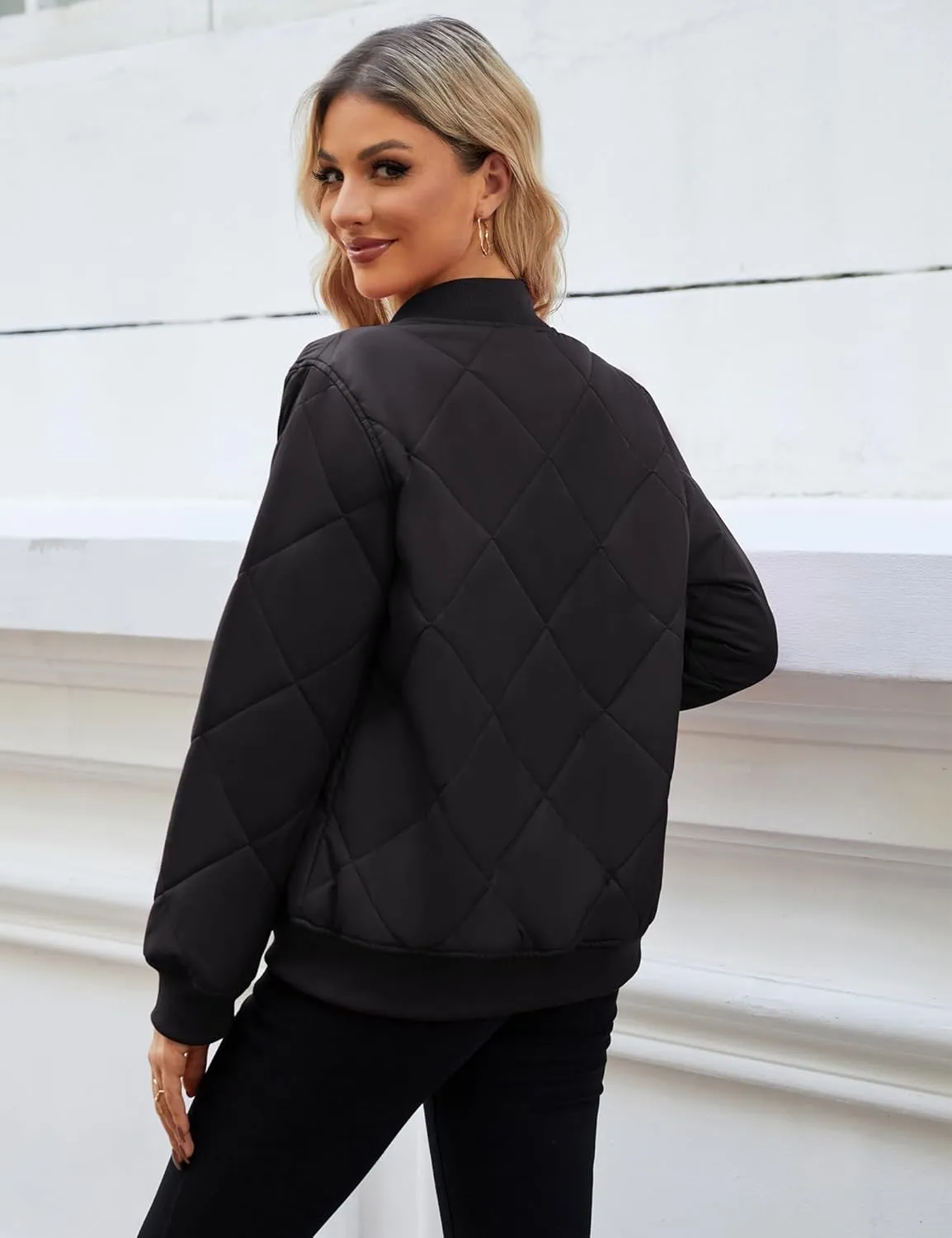 WEACZZY Womens Fall Lightweight Quilted Jackets Long Sleeve Zip Up Bomber Jacket Warm Winter Coat Outerwear with Pockets