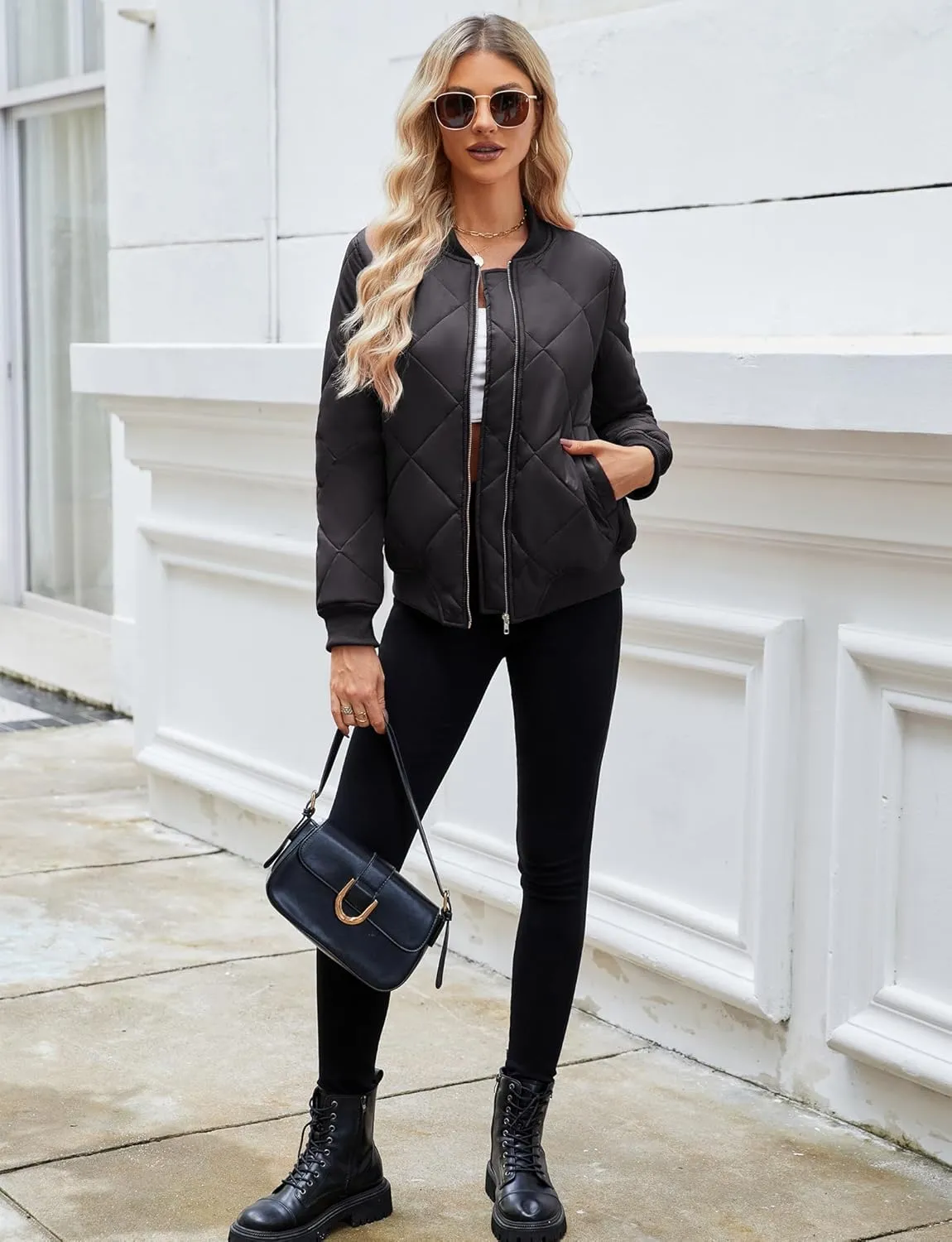 WEACZZY Womens Fall Lightweight Quilted Jackets Long Sleeve Zip Up Bomber Jacket Warm Winter Coat Outerwear with Pockets