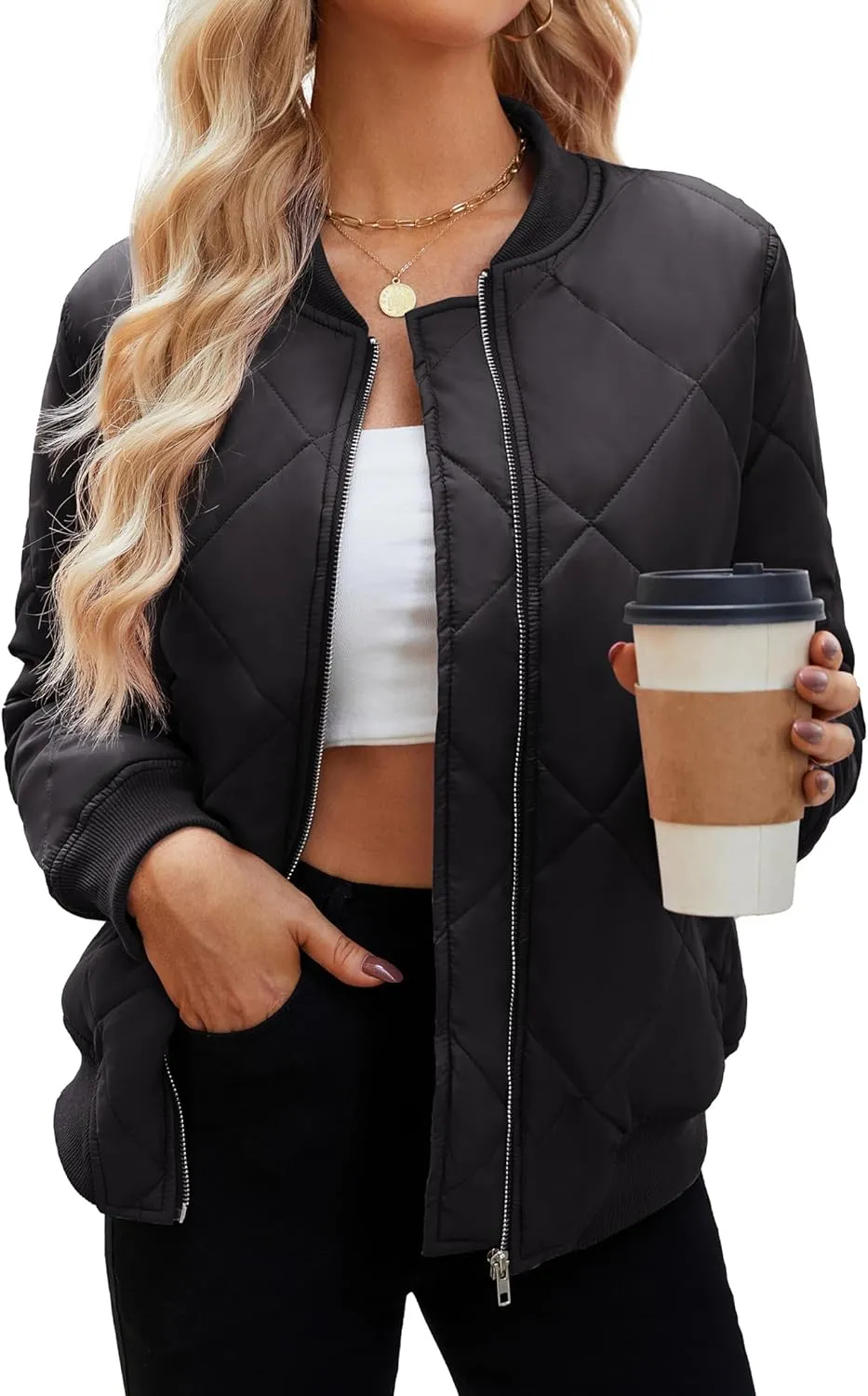 WEACZZY Womens Fall Lightweight Quilted Jackets Long Sleeve Zip Up Bomber Jacket Warm Winter Coat Outerwear with Pockets