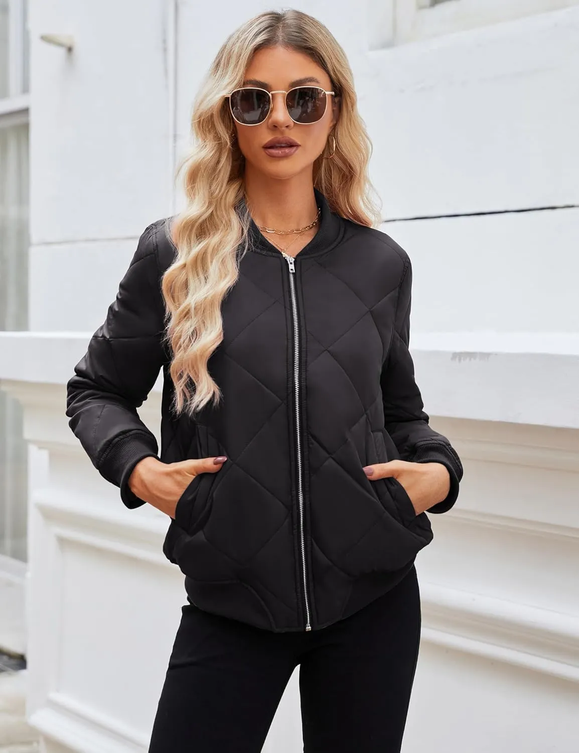 WEACZZY Womens Fall Lightweight Quilted Jackets Long Sleeve Zip Up Bomber Jacket Warm Winter Coat Outerwear with Pockets