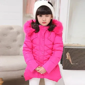 Winter Girls Jacket Fur Collar Warm Princess Coat Hooded Zipper Windproof Kids Outerwear Snowsuit 4-12 Years