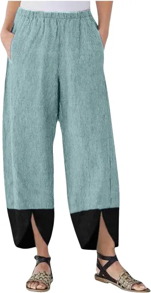 Women Baggy Corduroy Pants Loose Fit High Waist Fall Pant Elastic Waist Color Block Trousers Comfy Slit Slacks