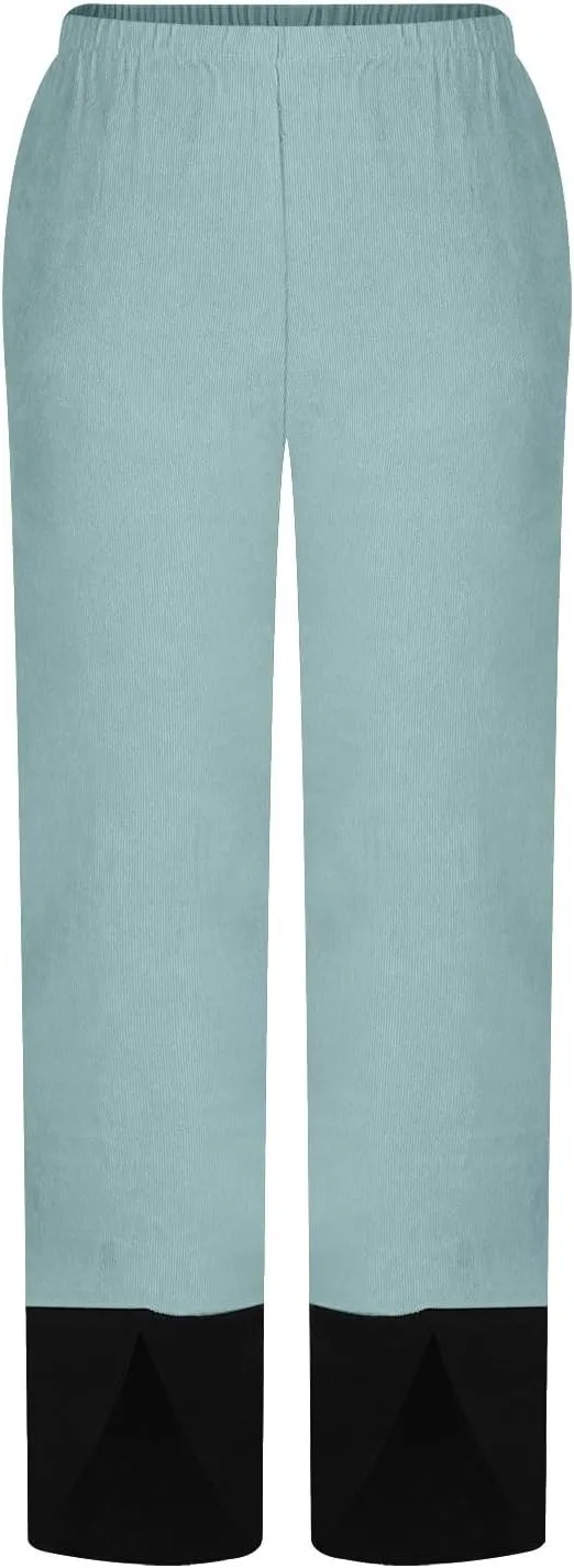 Women Baggy Corduroy Pants Loose Fit High Waist Fall Pant Elastic Waist Color Block Trousers Comfy Slit Slacks