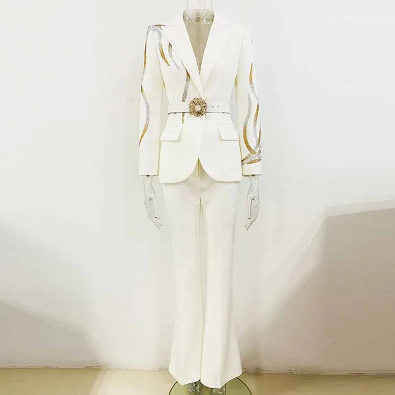 Women Formal Pantsuits With Belt hot drilling Flare Bottoms Two Pieces Pants Set