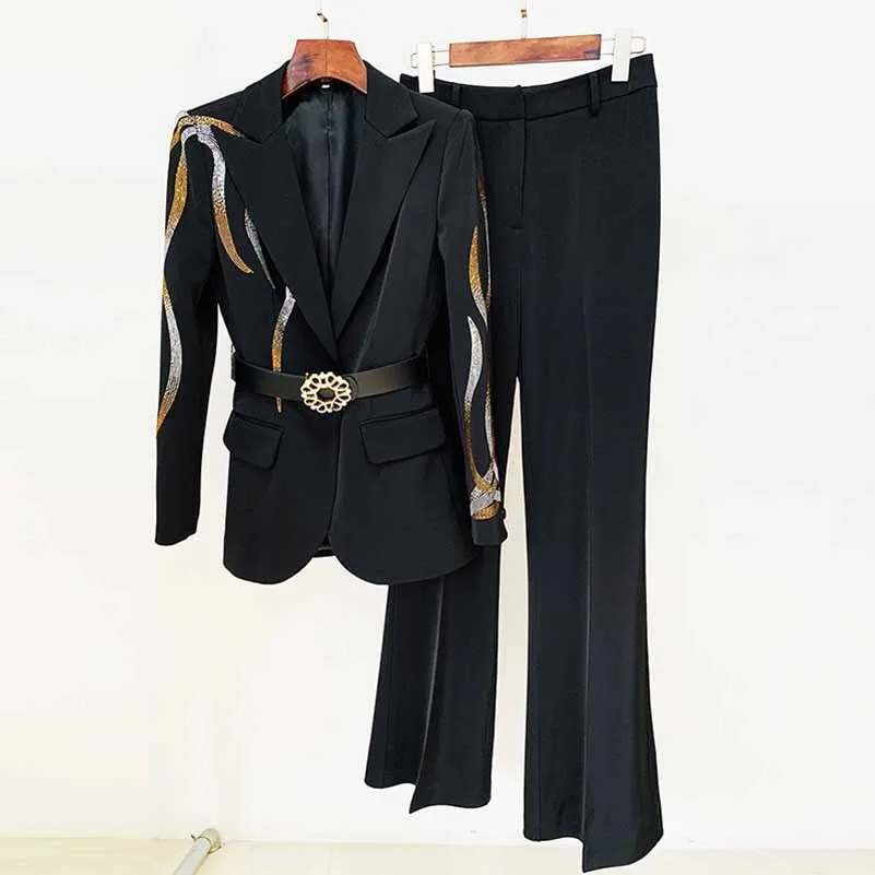 Women Formal Pantsuits With Belt hot drilling Flare Bottoms Two Pieces Pants Set