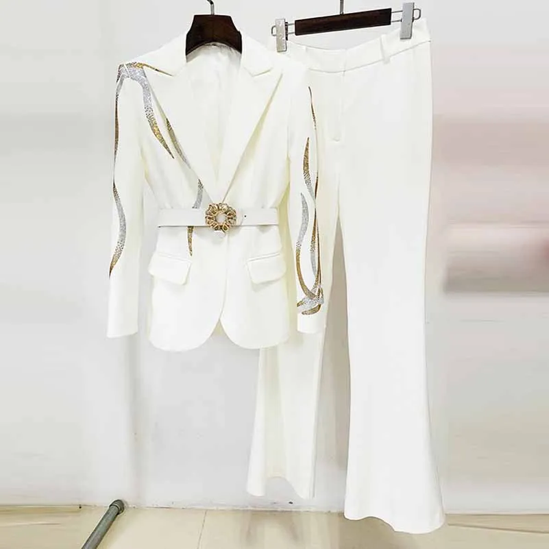 Women Formal Pantsuits With Belt hot drilling Flare Bottoms Two Pieces Pants Set