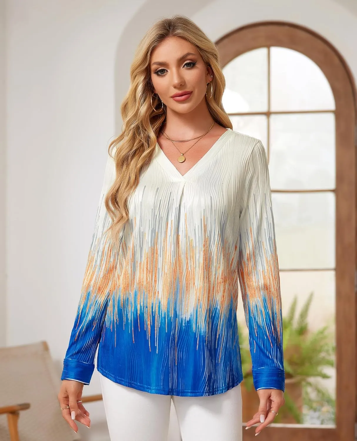 Womens 3 4 Sleeve Blouse Long Sleeve Business Casual Tunic Tops V Neck Work Tops Textured Dressy Casual Shirts