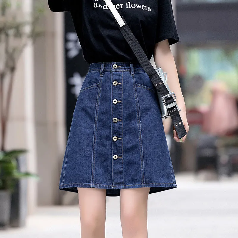 Women’s High-Waist Buttoned Denim A-Line Skirt – Casual Summer Style
