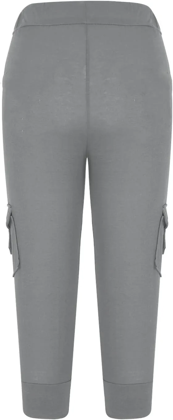 Womens Plus Size Cargo Capris Drawstring Stretch Low Waisted Slim Comfy Solid Color Jogger Capri Pants with 2 Pockets