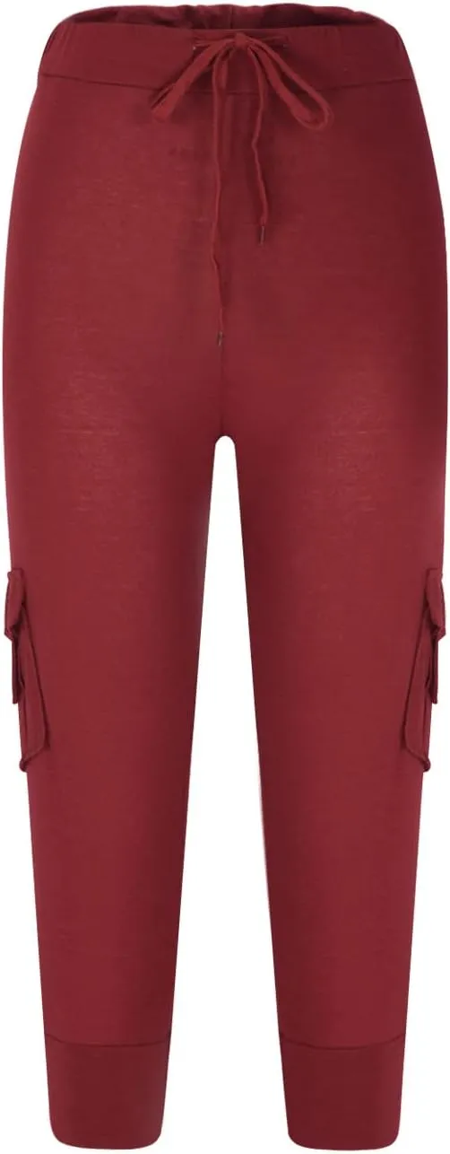 Womens Plus Size Cargo Capris Drawstring Stretch Low Waisted Slim Comfy Solid Color Jogger Capri Pants with 2 Pockets