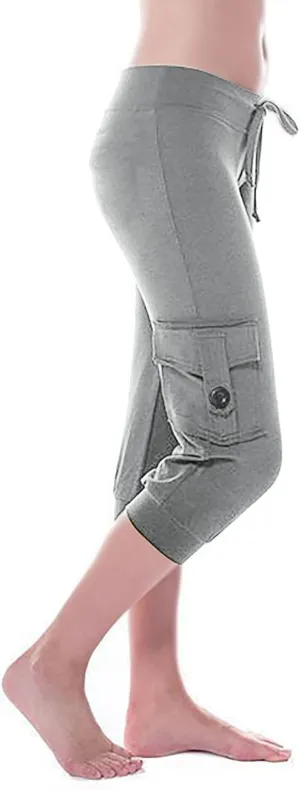 Womens Plus Size Cargo Capris Drawstring Stretch Low Waisted Slim Comfy Solid Color Jogger Capri Pants with 2 Pockets