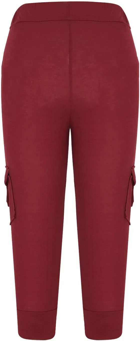 Womens Plus Size Cargo Capris Drawstring Stretch Low Waisted Slim Comfy Solid Color Jogger Capri Pants with 2 Pockets
