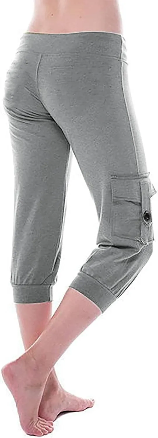 Womens Plus Size Cargo Capris Drawstring Stretch Low Waisted Slim Comfy Solid Color Jogger Capri Pants with 2 Pockets
