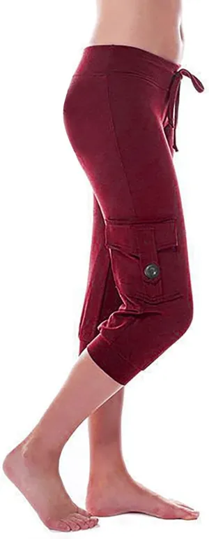 Womens Plus Size Cargo Capris Drawstring Stretch Low Waisted Slim Comfy Solid Color Jogger Capri Pants with 2 Pockets