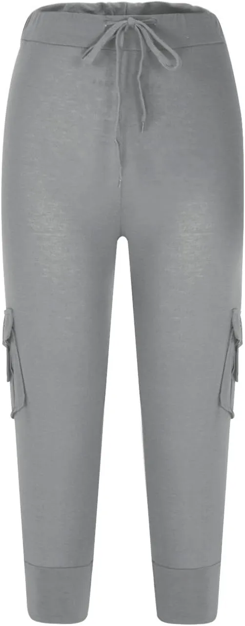Womens Plus Size Cargo Capris Drawstring Stretch Low Waisted Slim Comfy Solid Color Jogger Capri Pants with 2 Pockets