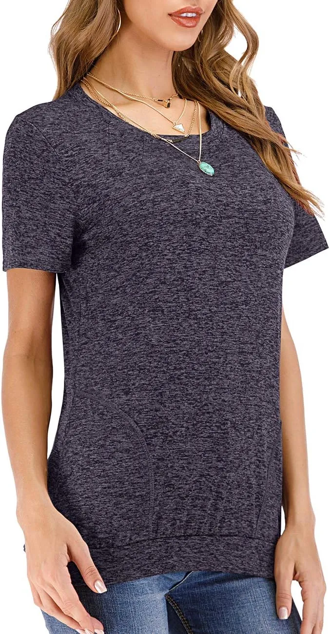 Womens Summer Short Sleeve Round Neck Quick Dry Cool Tunic Tops Loose Gym Workout T-Shirt with Pockets