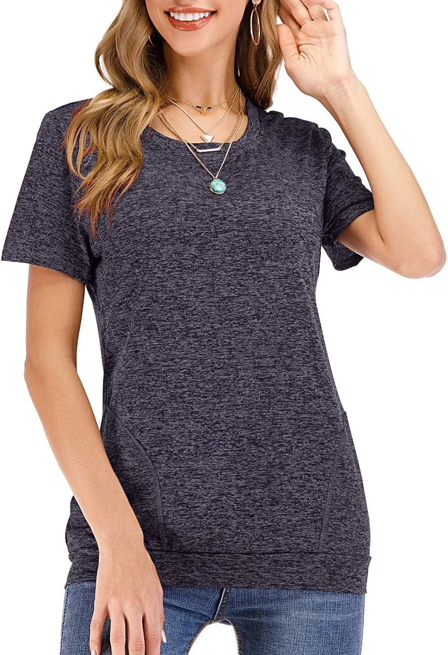 Womens Summer Short Sleeve Round Neck Quick Dry Cool Tunic Tops Loose Gym Workout T-Shirt with Pockets