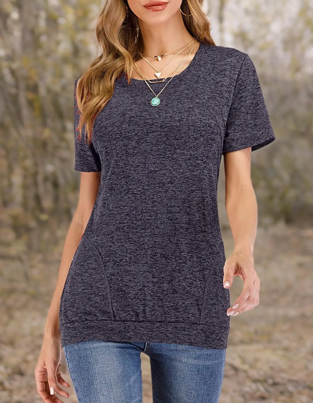 Womens Summer Short Sleeve Round Neck Quick Dry Cool Tunic Tops Loose Gym Workout T-Shirt with Pockets