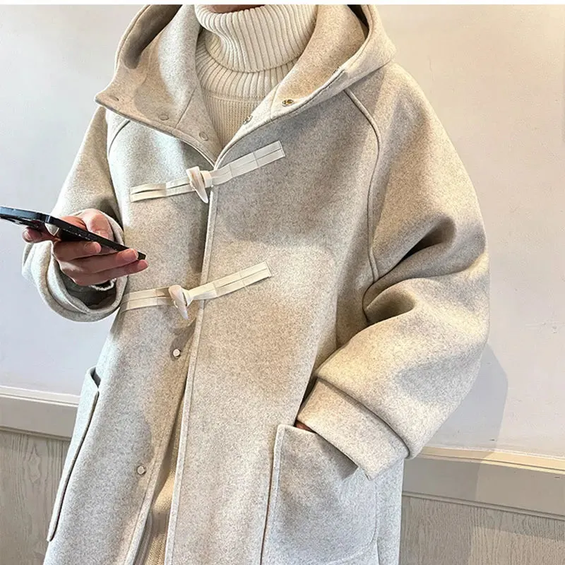 xiangtuibao Winter Men Coats Women Solid Hooded Long Jacket with Cowhorn New Korean Casual Loose Coat Fashion Male Clothing for Unisex